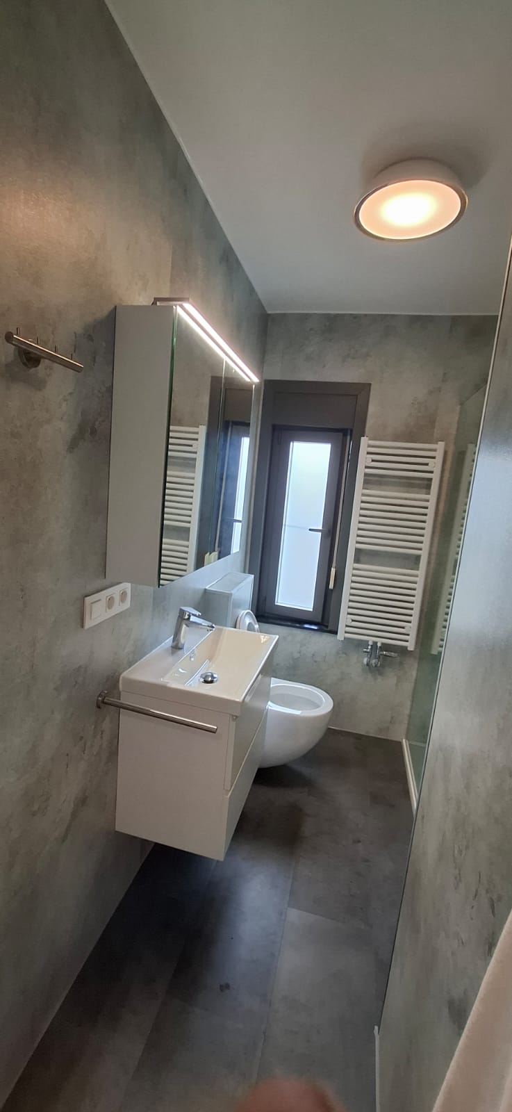 Moderne badkamer met grijze wanden, witte wasbak en toilet