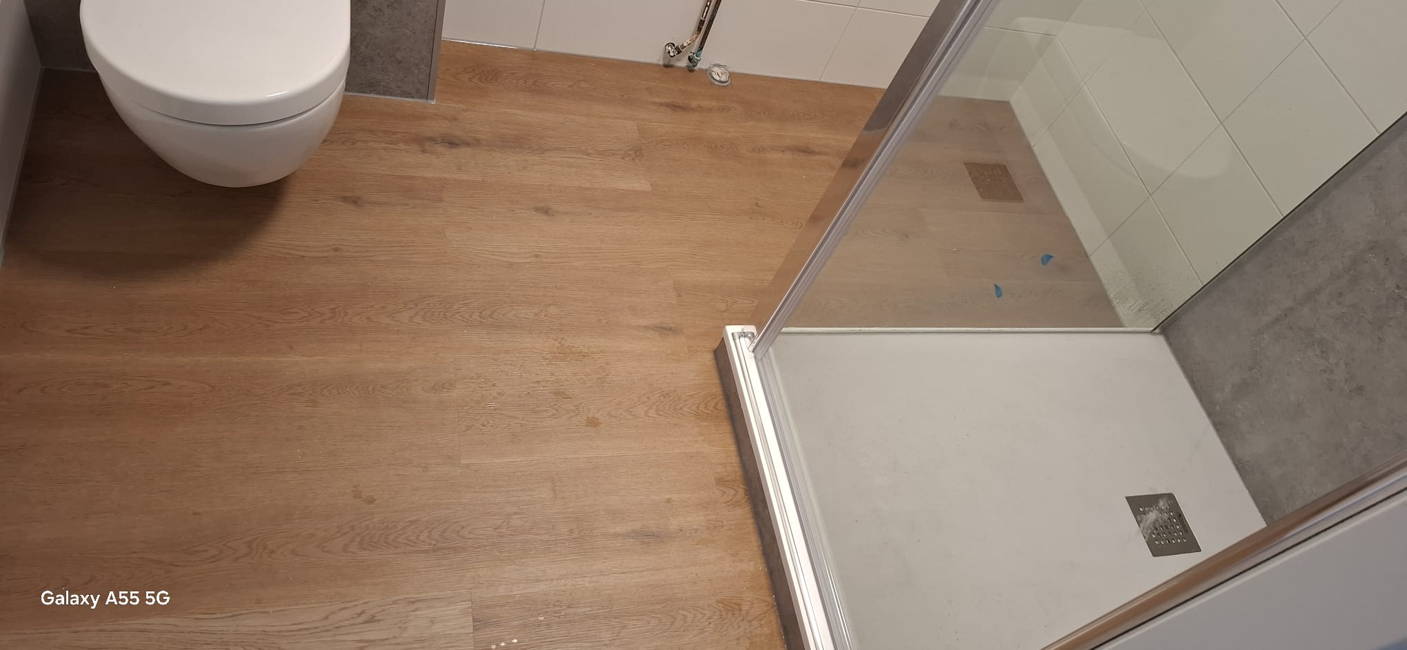 Badkamer vloer met houtlook en witte toilet en douche