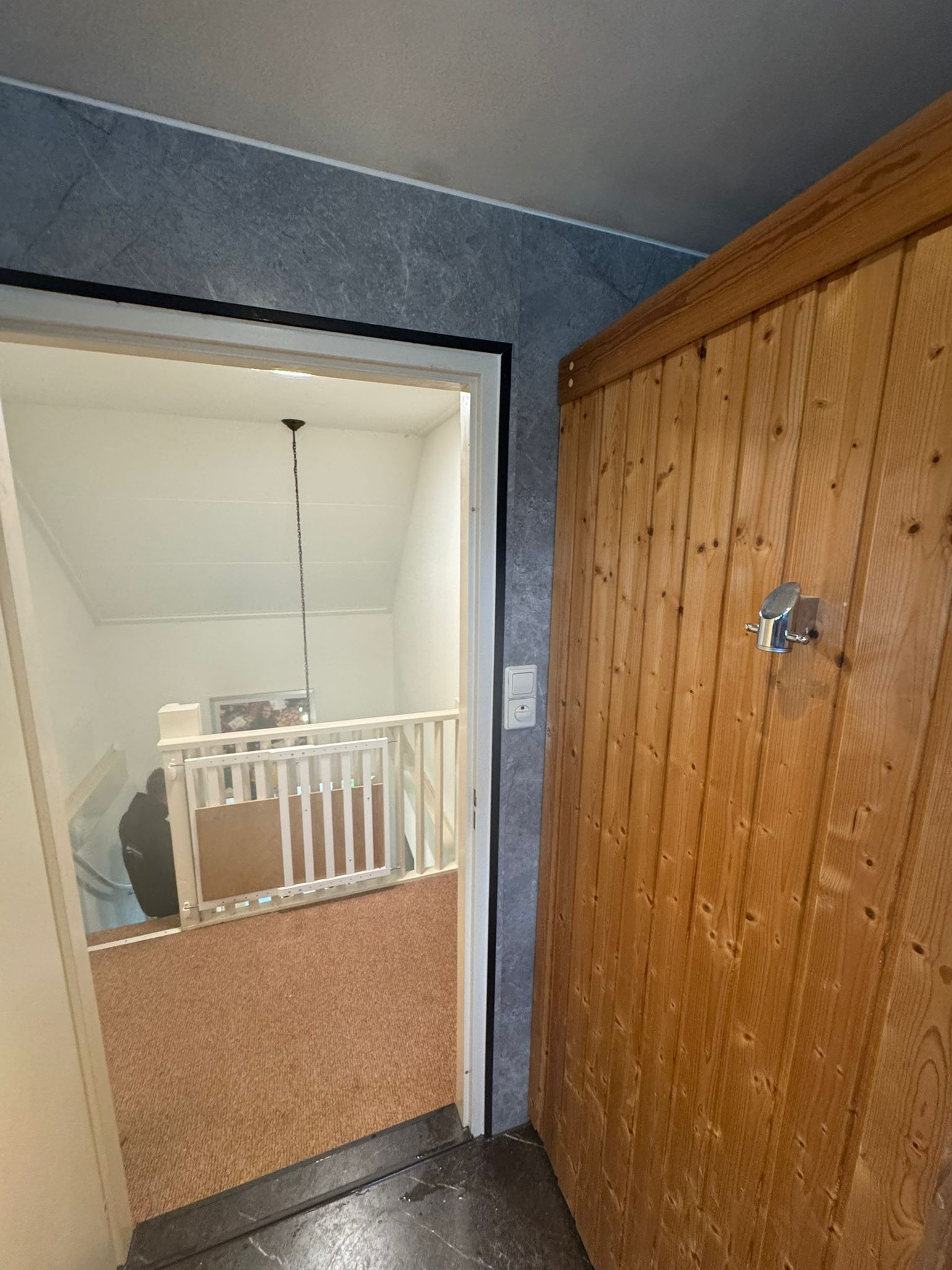 Ingang naar badkamer met houten deur en grijze wand